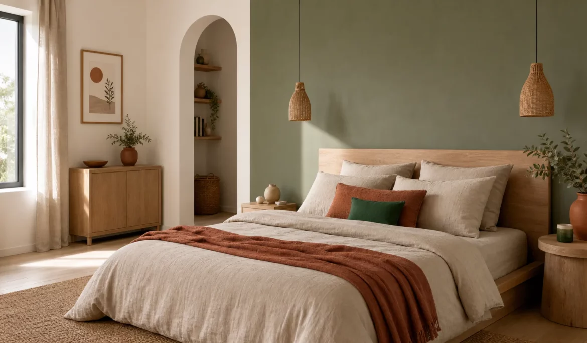 Chambre moderne avec mur d’accent vert sauge et décoration naturelle