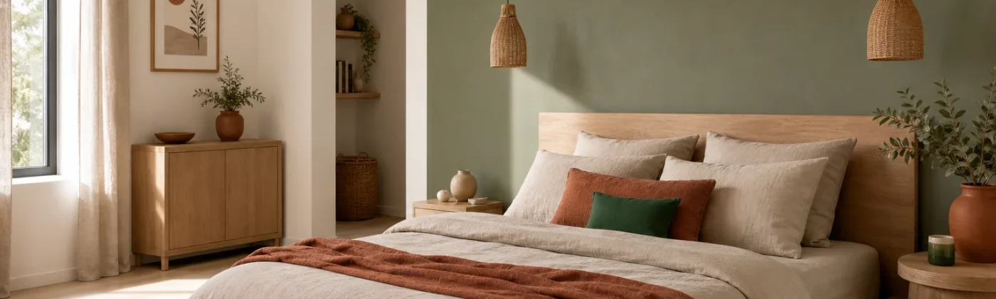 Chambre moderne avec mur d’accent vert sauge et décoration naturelle