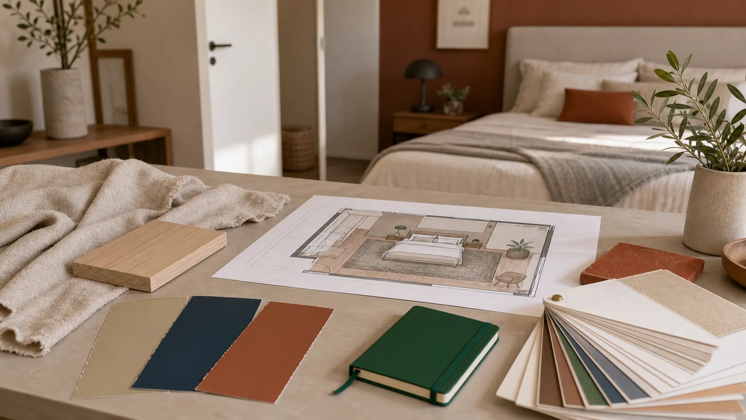 Échantillons de couleurs et matériaux pour concevoir une chambre moderne
