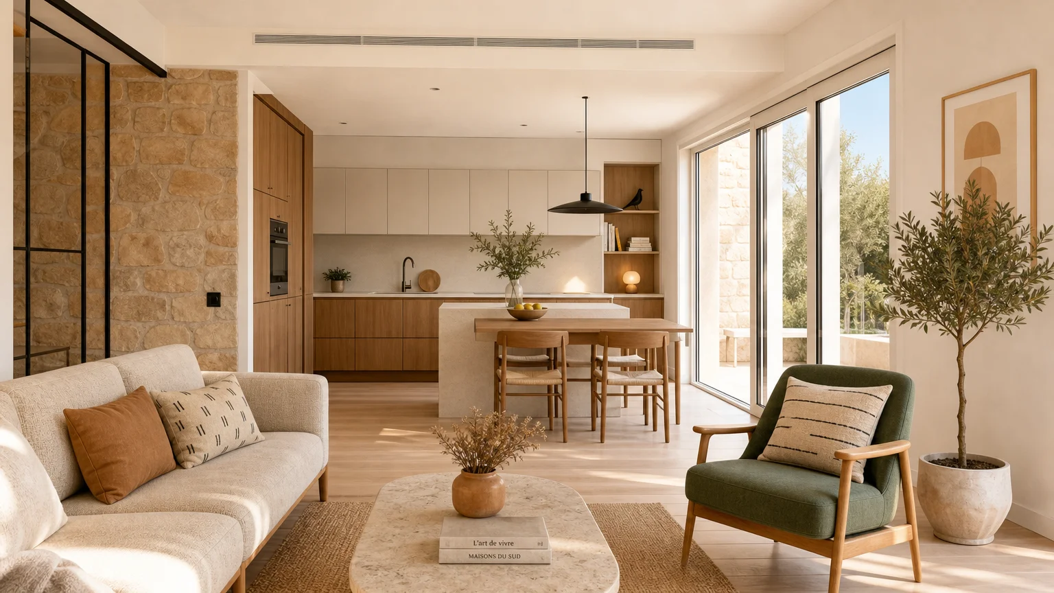 Séjour lumineux après rénovation d’une maison des années 60