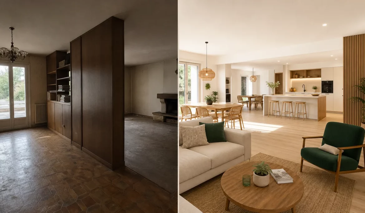 Transformation avant après d’une pièce de vie rénovée