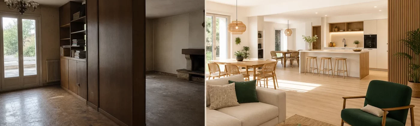 Transformation avant après d’une pièce de vie rénovée