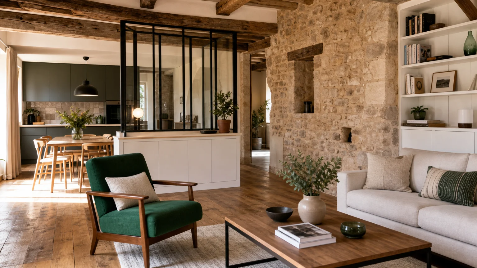 Maison ancienne rénovée avec poutres, pierre et aménagement contemporain
