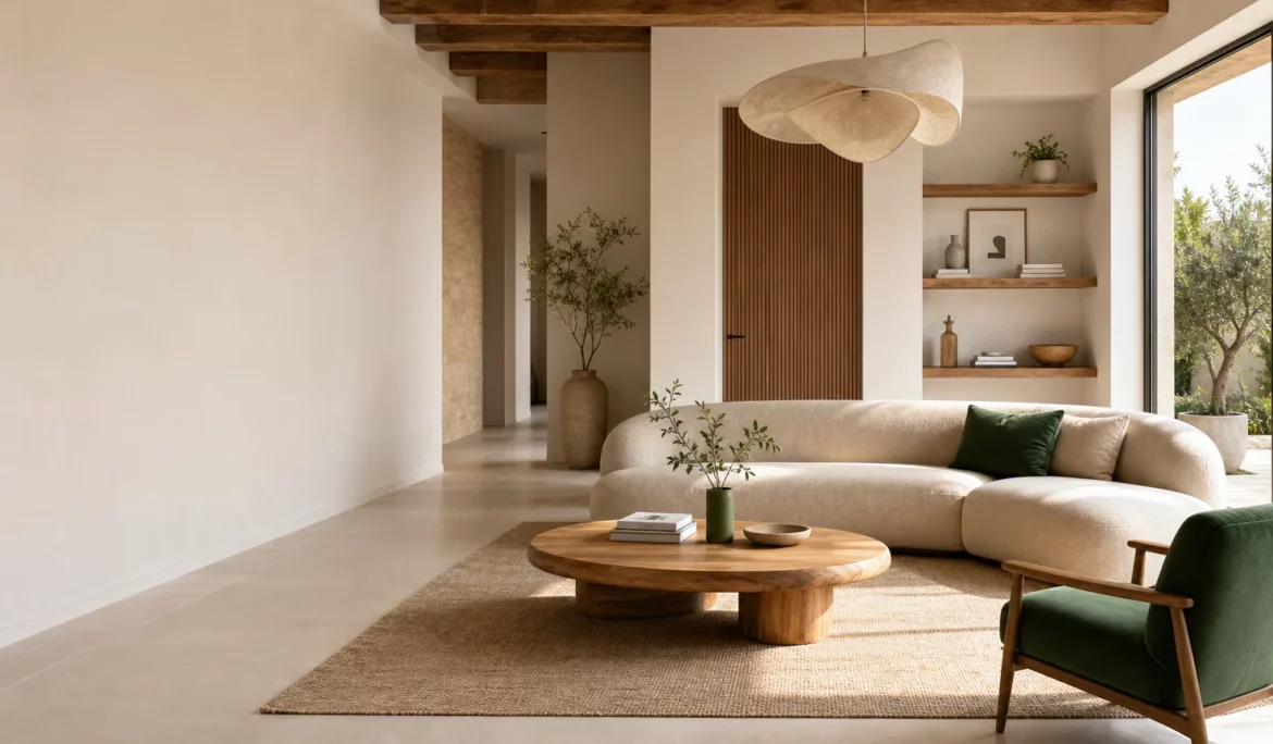 Séjour lumineux avec une décoration moderne chic et des matières naturelles