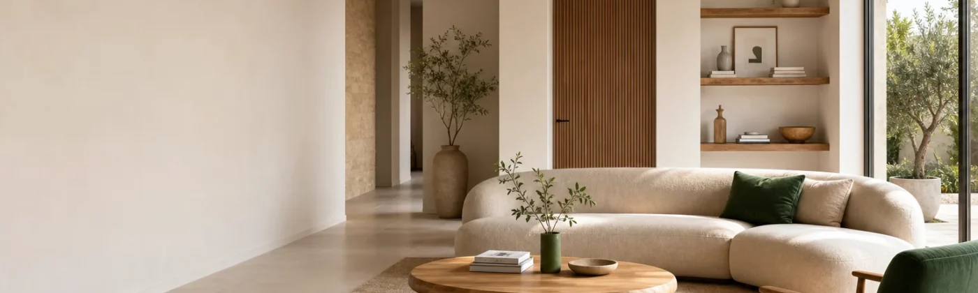 Séjour lumineux avec une décoration moderne chic et des matières naturelles
