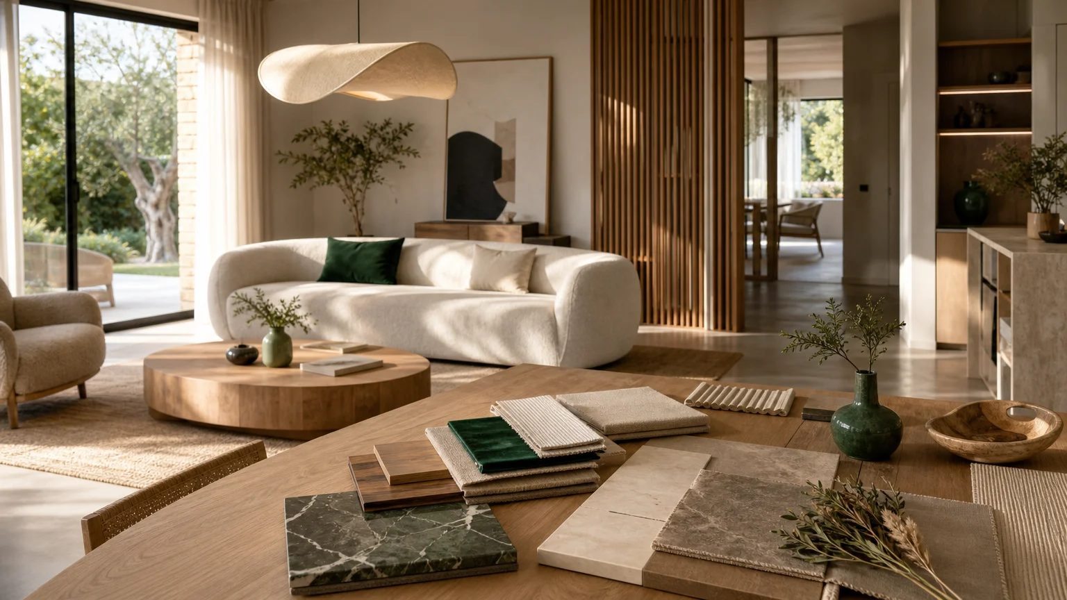 Sélection de meubles, matières et luminaires dans un intérieur moderne chic