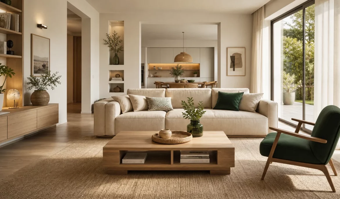 Salon moderne lumineux avec mobilier épuré, bois clair et touches vertes