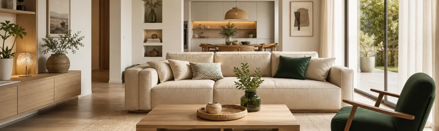 Salon moderne lumineux avec mobilier épuré, bois clair et touches vertes