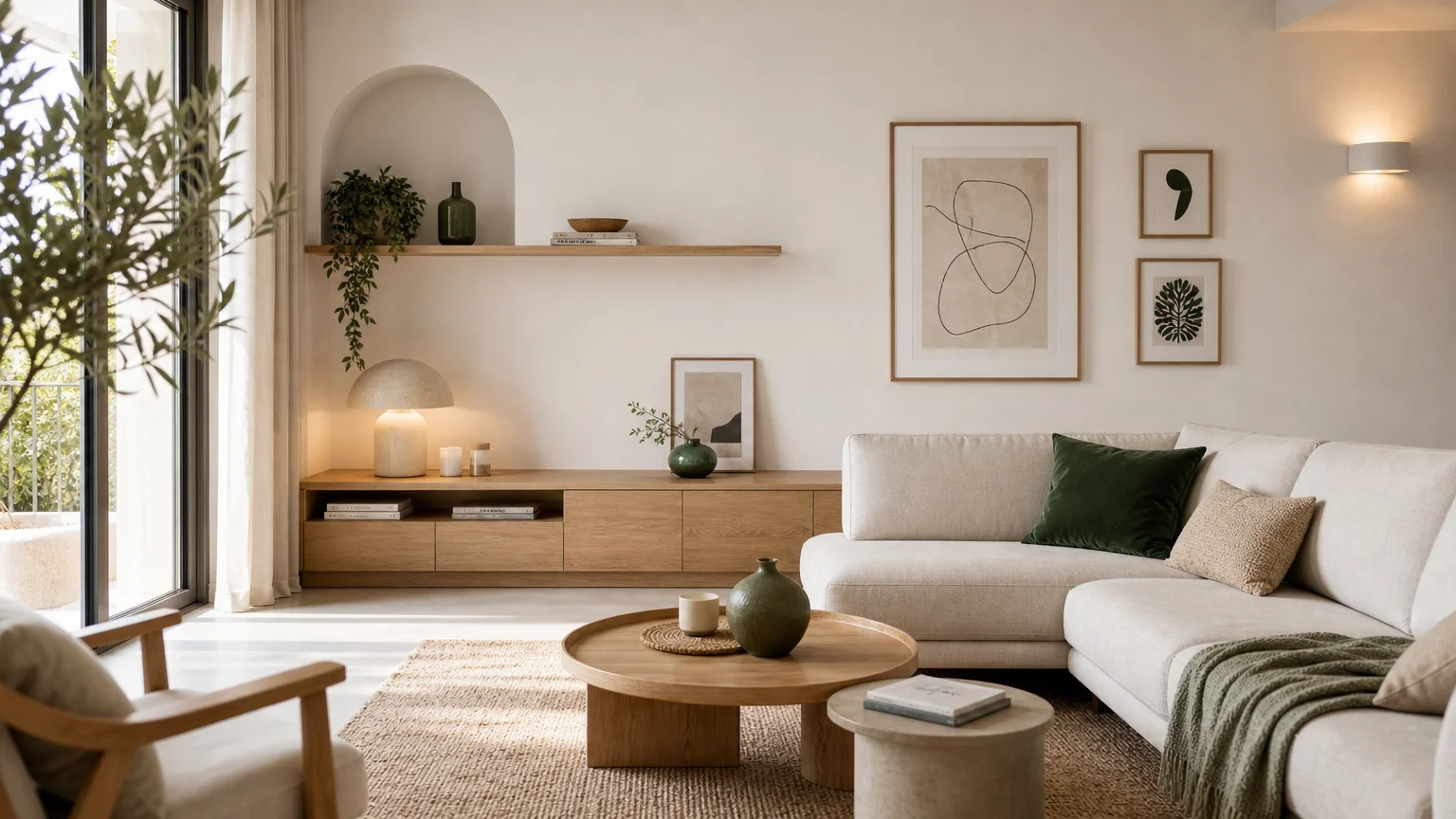 Salon moderne personnalisé avec palette neutre, bois et touches vertes