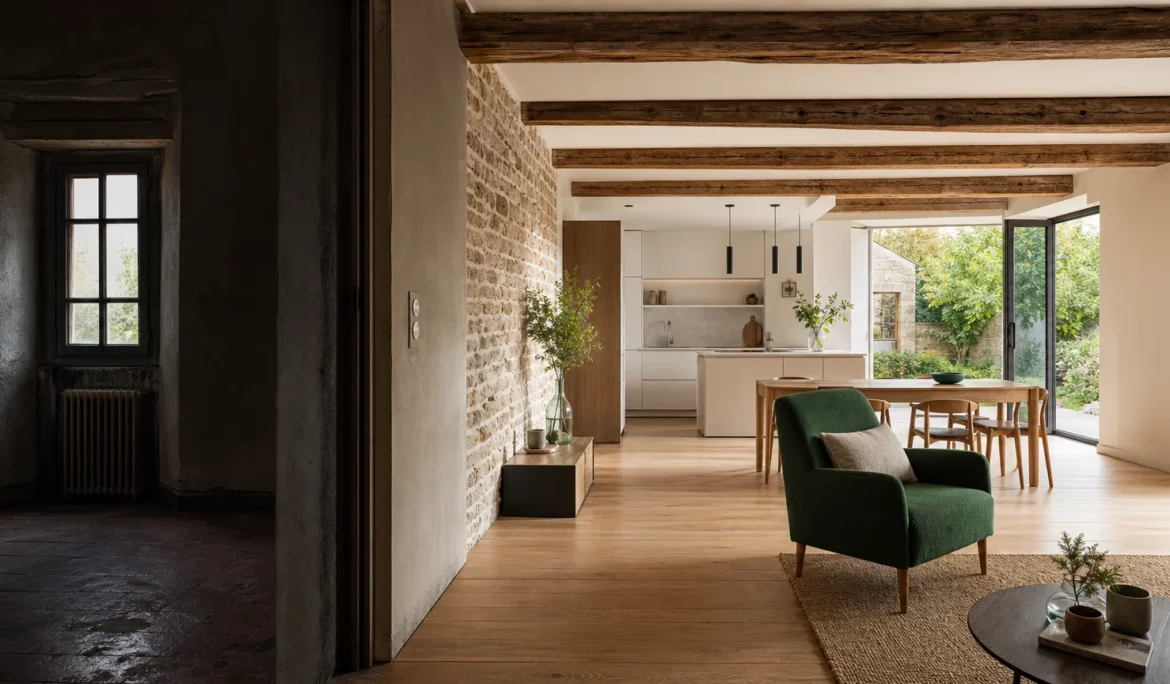 Avant après d’une maison ancienne rénovée avec poutres, pierre et lumière naturelle