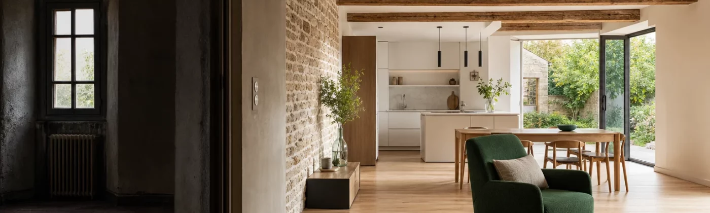 Avant après d’une maison ancienne rénovée avec poutres, pierre et lumière naturelle