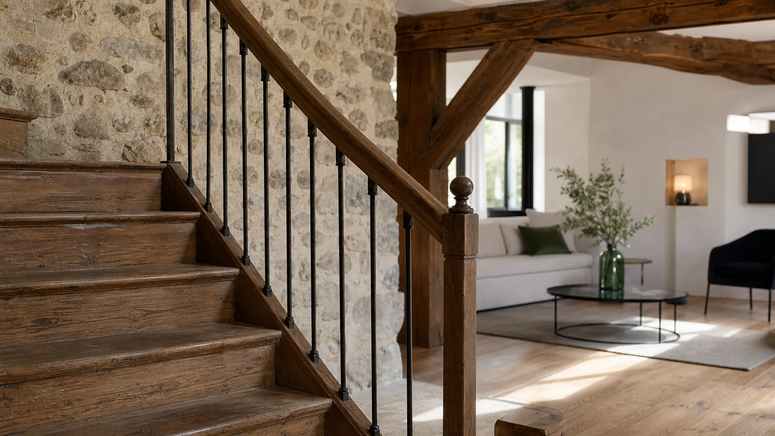 Escalier ancien restauré dans une maison rénovée avec des matériaux contemporains