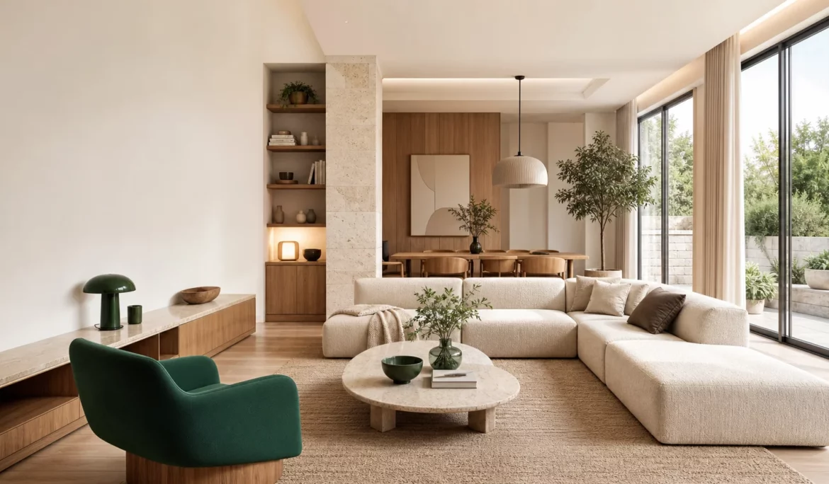 Salon français contemporain conçu autour de matériaux naturels et d’un aménagement fonctionnel