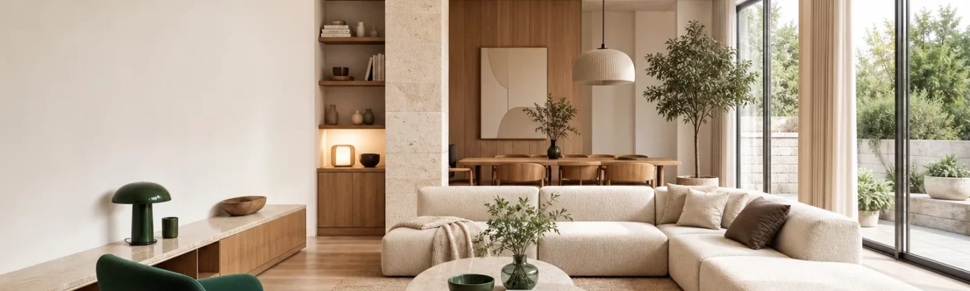 Salon français contemporain conçu autour de matériaux naturels et d’un aménagement fonctionnel